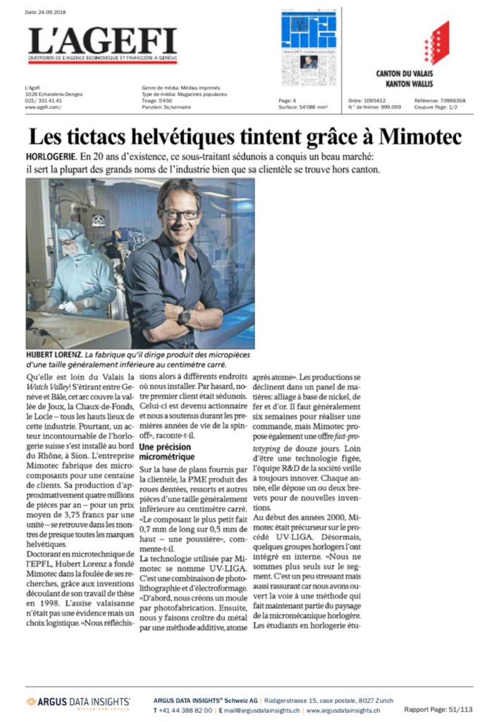 Extrait d'article de presse - Hubert Lorenz parle de l'application de la technologie Mimotec et UV-LIGA